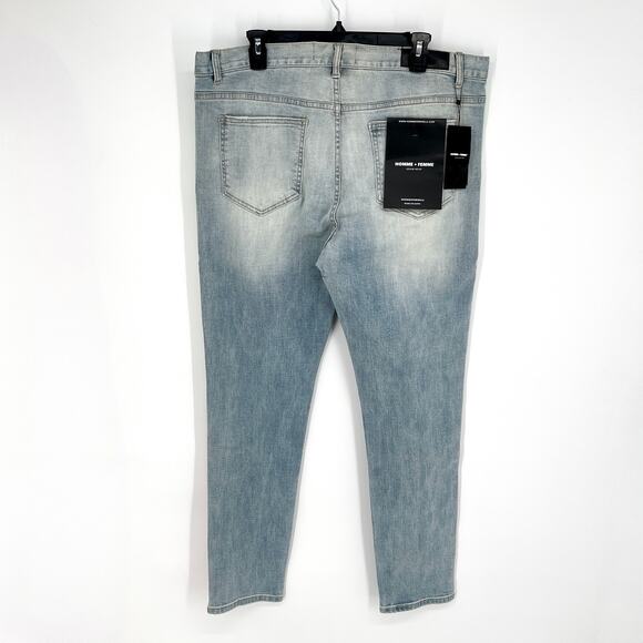 Homme + Femme NEW Tesla Skinny Blue Jeans Sz 40 Green Pink Gradient Logo Ribbon - Picture 6 of 10